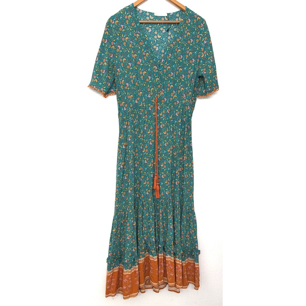R. Vivimos Dress Womens Size Large Short Sleeve Floral Print V Neck Tassel